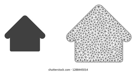 Polygonal mesh house and flat icon are isolated on a white background. Abstract black mesh lines, triangles and dots forms house icon.