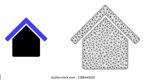 Polygonal mesh house and flat icon are isolated on a white background. Abstract black mesh lines, triangles and dots forms house icon.