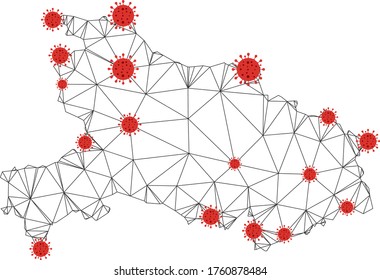 Polygonal mesh Hubei Province map with coronavirus centers. Abstract mesh connected lines and flu viruses form Hubei Province map. Vector wire frame flat polygonal network in black and red colors.