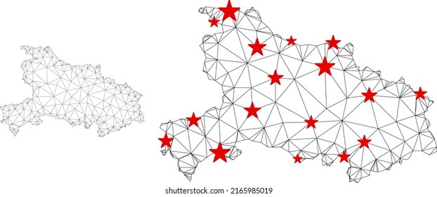 Mapa de malla poligonal de la provincia de Hubei con centros de estrellas rojas. Resumen de líneas netas conectadas y estrellas del mapa de la provincia de Hubei. Vector wireframe red poligonal plana en color negro y rojo.