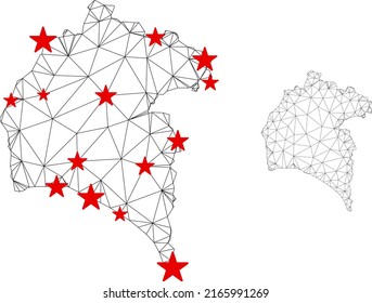 Polygonal mesh Huelva Province map with red star centers. Abstract network connected lines and stars form Huelva Province map. Vector wireframe flat polygonal network in black and red colors.
