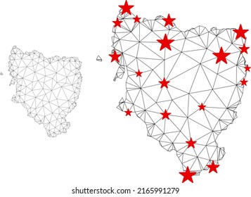 Polygonal mesh Hueska Province map with red star centers. Abstract mesh connected lines and stars form Hueska Province map. Vector wireframe flat polygonal network in black and red colors.