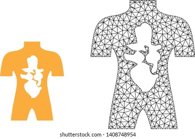 Polygonal mesh human anatomy and flat icon are isolated on a white background. Abstract black mesh lines, triangles and nodes forms human anatomy icon.