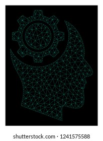 Polygonal mesh human intellect gear. Abstract lines, triangles and points organized into human intellect gear. Wire frame 2D polygonal line network in vector format on a dark blue background.