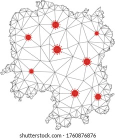 Mapa de malla poligonal de la provincia de Hunan con centros de coronavirus. Resumen de líneas conectadas en malla y virus de la gripe en el mapa de la provincia de Hunan. Vector wireframe red poligonal plana en color negro y rojo.