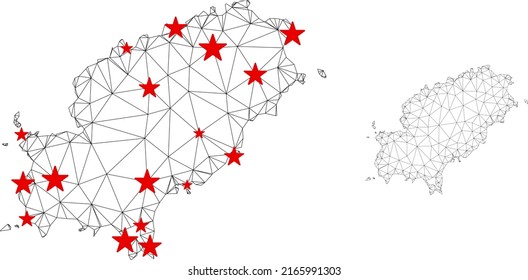 Polygonal mesh Ibiza Island map with red star centers. Abstract network connected lines and stars form Ibiza Island map. Vector wireframe 2D polygonal network in black and red colors.