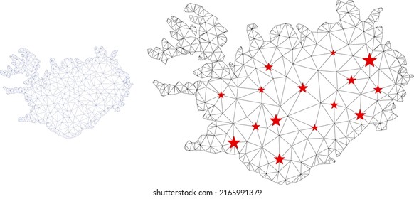 Polygonal mesh Iceland map with red star centers. Abstract network connected lines and stars form Iceland map. Vector wire frame flat polygonal network in black and red colors.