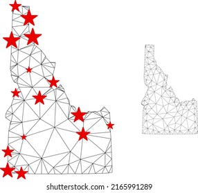 Mapa poligonal del estado de Idaho con centros de estrellas rojas. Resumen de líneas conectadas en red y estrellas del mapa del estado de Idaho. Red poligonal 2D del marco de cables vectores en colores negro y rojo.