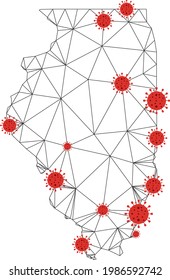 Polygonal mesh Illinois State map with coronavirus centers. Abstract mesh connected lines and covid viruses on Illinois State map. Vector wireframe 2D polygonal network in black and red colors.