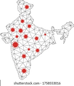 Mapa de la India de malla poligonal con centros del coronavirus. Resumen de líneas de malla, triángulos y virus covid- 2019 desde el mapa de la India. Red poligonal 2D del marco de cables vectores en colores negro y rojo.