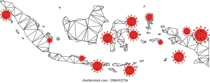 Mapa de Indonesia de malla poligonal con centros de coronavirus. Resumen de líneas conectadas en malla y virus de la gripe en el mapa de Indonesia. Vector wireframe red poligonal plana en color negro y rojo.