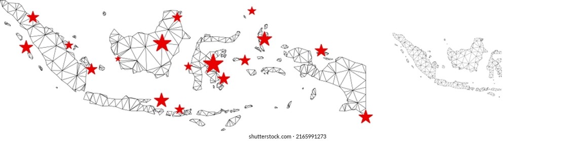 Mapa de Indonesia de malla poligonal con centros de estrellas rojas. Resumen de líneas conectadas en malla y estrellas del mapa de Indonesia. Red poligonal 2D del marco de cables vectores en colores negro y rojo.