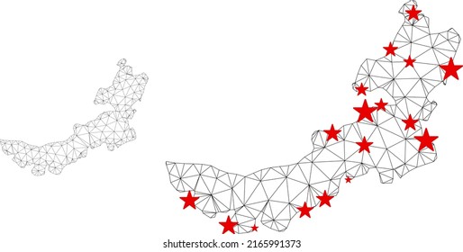 Polygonal Mesh Inner Mongolei Karte mit roten Sternen Zentren. Abstraktes Netzwerk verbindet Linien und Sterne in der Inneren Mongolei Karte. Vektor Wireframe flaches polygonal Netzwerk in Schwarz-Rot-Farben.