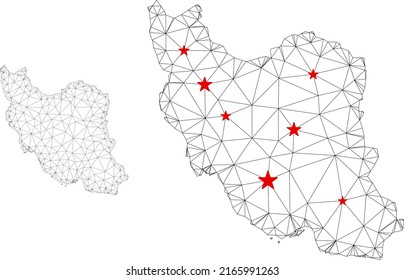Polygonal mesh Iran map with red star centers. Abstract network connected lines and stars form Iran map. Vector wireframe 2D polygonal network in black and red colors.