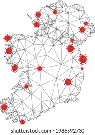 Polygonal mesh Ireland countries map with coronavirus centers. Abstract mesh connected lines and flu viruses on Ireland countries map.