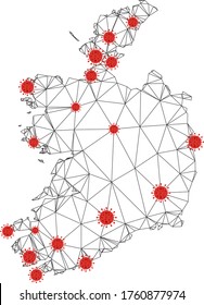 Polygonale Maschenöffnung Irland Republik Karte mit Coronavirus-Zentren. Abstrakte Maschenlinien und Grippeviren von der Karte der Republik Irland. Vektor Wireframe flaches Dreiecksnetz in Schwarz-Rot-Farben.