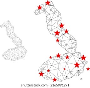 Polygonal mesh Isabela Island of Galapagos map with red star centers. Abstract network connected lines and stars form Isabela Island of Galapagos map.