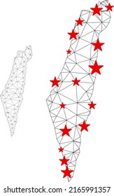 Polygonal mesh Israel map with red star centers. Abstract network connected lines and stars form Israel map. Vector wireframe flat polygonal network in black and red colors.