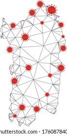 Polygonal mesh Italian Sardinia Island map with coronavirus centers. Abstract network connected lines and flu viruses form Italian Sardinia Island map.