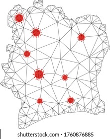 Mapa poligonal de la Costa de Marfil con centros del coronavirus. Resumen de líneas conectadas a la red y virus de la gripe desde el mapa de Costa de Marfil. Red poligonal plana con marco de alambre de vectores en colores negro y rojo.