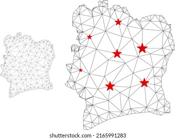 Polygonale Masche Elfenbeinküste Karte mit roten Sternen Zentren. Abstraktes Netzwerk verbindet Linien und Sterne von Elfenbeinküste Karte. Vektor Wireframe 2D Polygonnetzwerk in Schwarz und Rot Farben.
