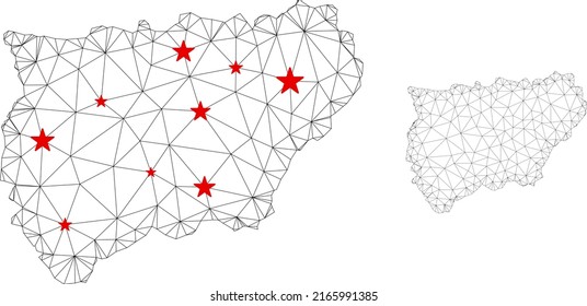 Polygonal mesh Jaen Spanish Province map with red star centers. Abstract network connected lines and stars form Jaen Spanish Province map.