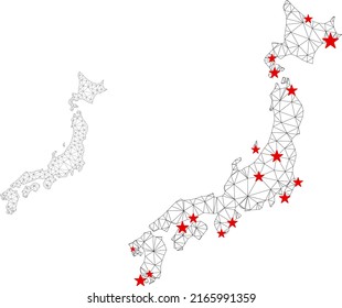 Polygonal mesh Japan map with red star centers. Abstract mesh connected lines and stars form Japan map. Vector wireframe flat polygonal network in black and red colors.