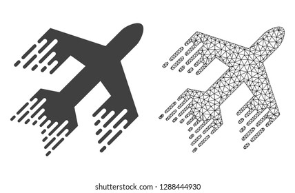 Polygonal mesh jet plane and flat icon are isolated on a white background. Abstract black mesh lines, triangles and dots forms jet plane icon.