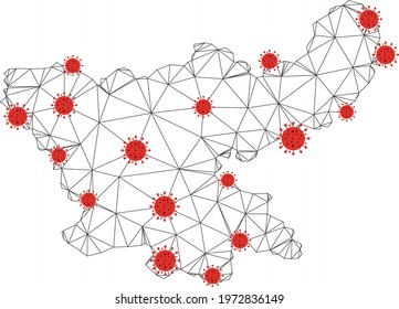 Polygonal mesh Jharkhand State map with coronavirus centers. Abstract network connected lines and covid viruses form Jharkhand State map.