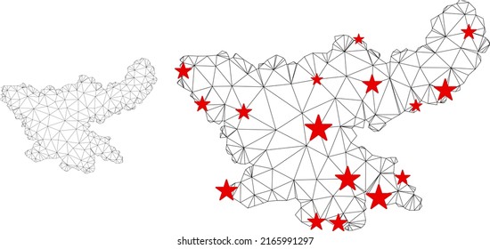 Polygonal mesh Jharkhand State map with red star centers. Abstract network connected lines and stars form Jharkhand State map. Vector wireframe flat triangular network in black and red colors.