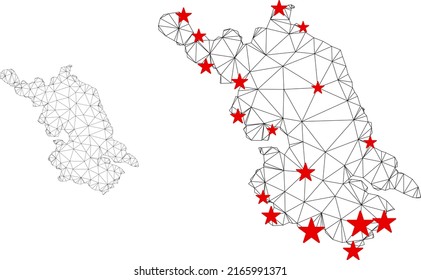 Mapa de malla poligonal de la provincia de Jiangsu con centros de estrellas rojas. Resumen de líneas conectadas en red y estrellas del mapa de la provincia de Jiangsu. Vector wireframe red poligonal plana en color negro y rojo.