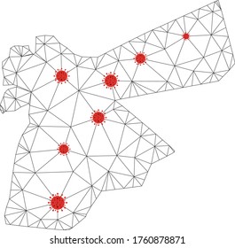 Polygonal mesh Jordan map with coronavirus centers. Abstract network connected lines and flu viruses form Jordan map. Vector wireframe 2D polygonal network in black and red colors.