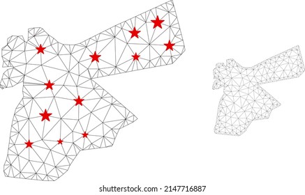 Mapa jordano de malla poligonal con centros de estrellas rojas. Resumen de líneas conectadas en red y estrellas del mapa de Jordania. Vector wireframe red poligonal plana en color negro y rojo.
