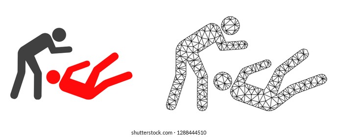 Polygonal mesh judo struggle and flat icon are isolated on a white background. Abstract black mesh lines, triangles and nodes forms judo struggle icon.