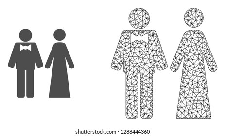 Polygonal mesh just married persons and flat icon are isolated on a white background. Abstract black mesh lines, triangles and nodes forms just married persons icon.
