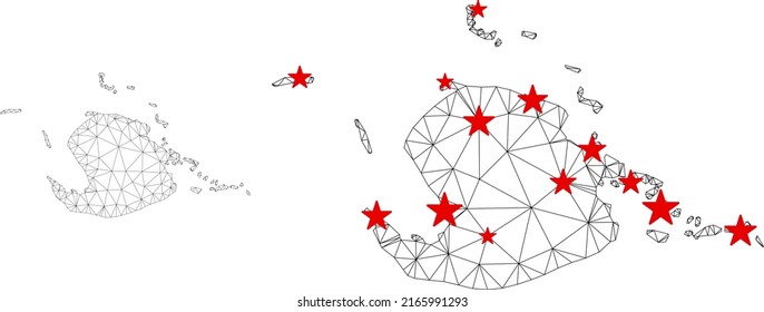 Polygonal mesh Juventud Island map with red star centers. Abstract network connected lines and stars form Juventud Island map. Vector wireframe 2D polygonal network in black and red colors.