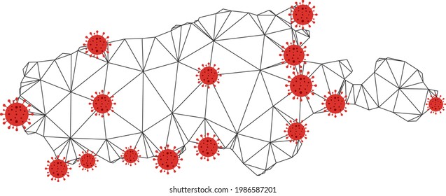Polygonal mesh Kangaroo Island map with coronavirus centers. Abstract mesh connected lines and covid viruses on Kangaroo Island map. Vector wireframe 2D polygonal network in black and red colors.