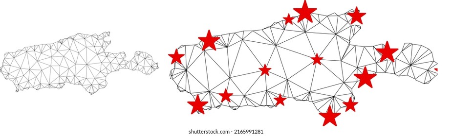 Polygonal mesh Kangaroo Island map with red star centers. Abstract network connected lines and stars form Kangaroo Island map. Vector wireframe 2D polygonal network in black and red colors.
