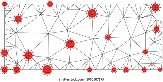 Polygonal Mesh Kansas State Map With Coronavirus Centers. Abstract Network Connected Lines And Covid Viruses On Kansas State Map. Vector Wireframe 2D Polygonal Network In Black And Red Colors.