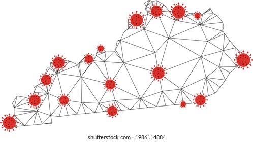 Polygonal mesh Kentucky State map with coronavirus centers. Abstract mesh connected lines and flu viruses on Kentucky State map. Vector wireframe flat polygonal network in black and red colors.