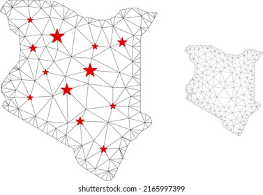 Polygonal mesh Kenya map with red star centers. Abstract network connected lines and stars form Kenya map. Vector wireframe flat polygonal network in black and red colors.