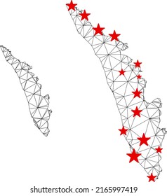 Polygonal Mesh Kerala State Karte mit roten Sternen Zentren. Abstrakte Maschenlinien und Sterne bilden die Kerala State Map. Vektordrahtrahmen 2D Polygonnetz in Schwarz-Rot-Farben.
