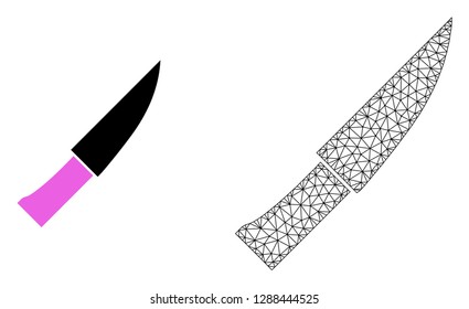 Polygonal mesh knife and flat icon are isolated on a white background. Abstract black mesh lines, triangles and nodes forms knife icon.
