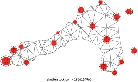 Polygonal mesh Koh Lipe map with coronavirus centers. Abstract mesh connected lines and flu viruses on Koh Lipe map. Vector wire frame flat polygonal network in black and red colors.