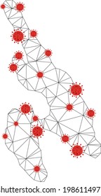 Polygonale Masche Koh Phi Don Karte mit Coronavirus Zentren. Abstrakte Netzwerkverbindungen und covid-2019 Viren auf Koh Phi Don Karte.