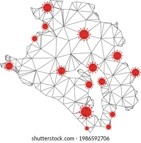Polygonal mesh Krasnodarskiy Kray map with coronavirus centers. Abstract mesh connected lines and flu viruses on Krasnodarskiy Kray map.