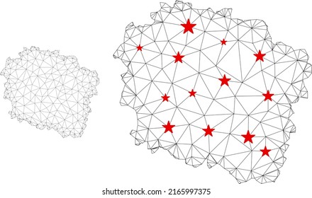 Polygonal mesh Kujawy-Pomerania Province map with red star centers. Abstract mesh connected lines and stars form Kujawy-Pomerania Province map.