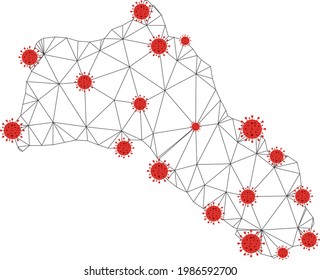 Polygonal mesh Kurdistan map with coronavirus centers. Abstract mesh connected lines and flu viruses on Kurdistan map. Vector wireframe flat polygonal network in black and red colors.