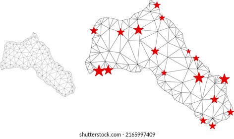 Polygonal mesh Kurdistan map with red star centers. Abstract mesh connected lines and stars form Kurdistan map. Vector wireframe flat polygonal network in black and red colors.