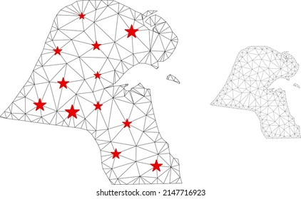 Mapa de Kuwait de malla poligonal con centros de estrellas rojas. Resumen de líneas conectadas en red y estrellas del mapa de Kuwait. Vector wireframe red poligonal plana en color negro y rojo.